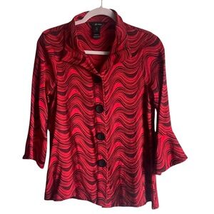 Ali Miles Red Black Wave Print Blouse PS Bell Sleeves Funky 70s Retro Artsy‎ Top